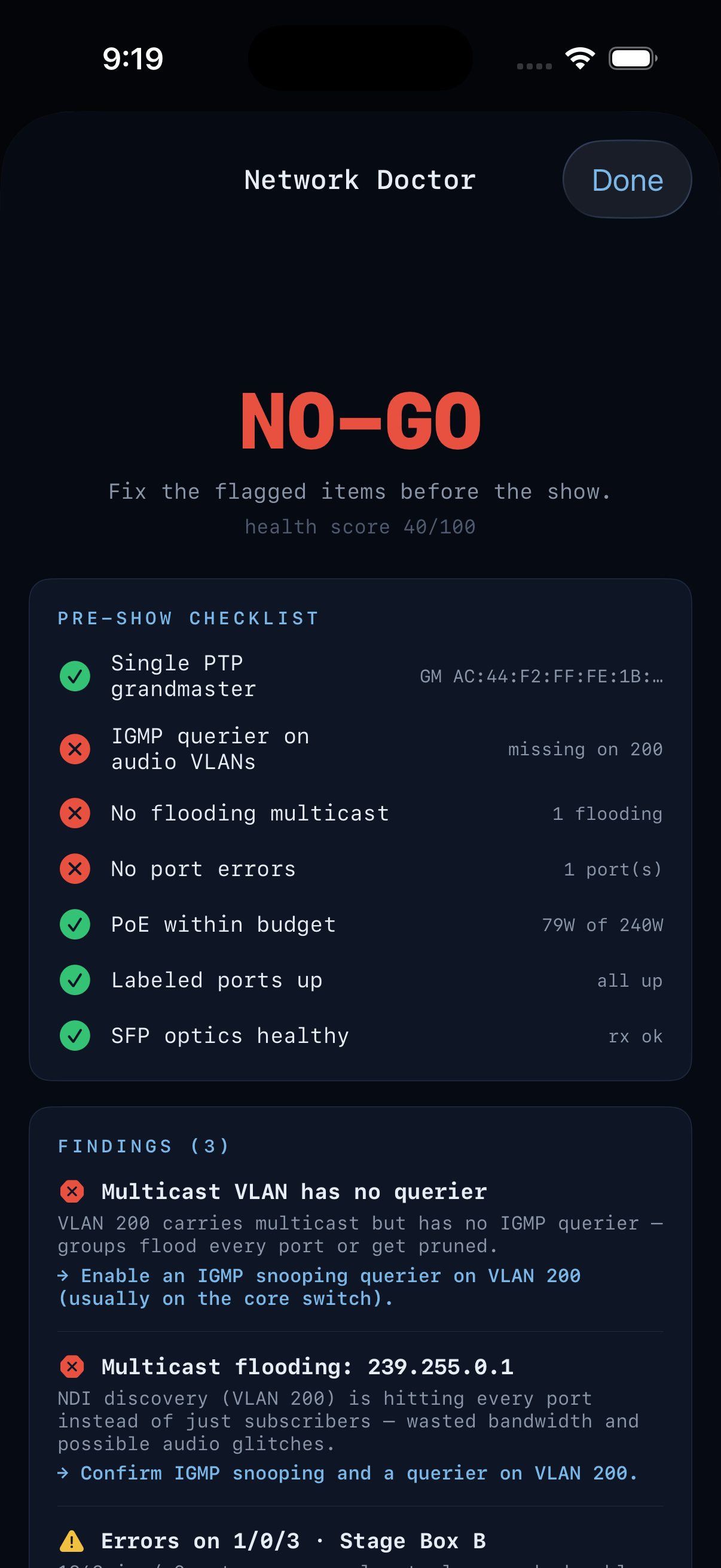 SwitchBox Network Doctor: pre-show GO/NO-GO verdict with checklist and fixes